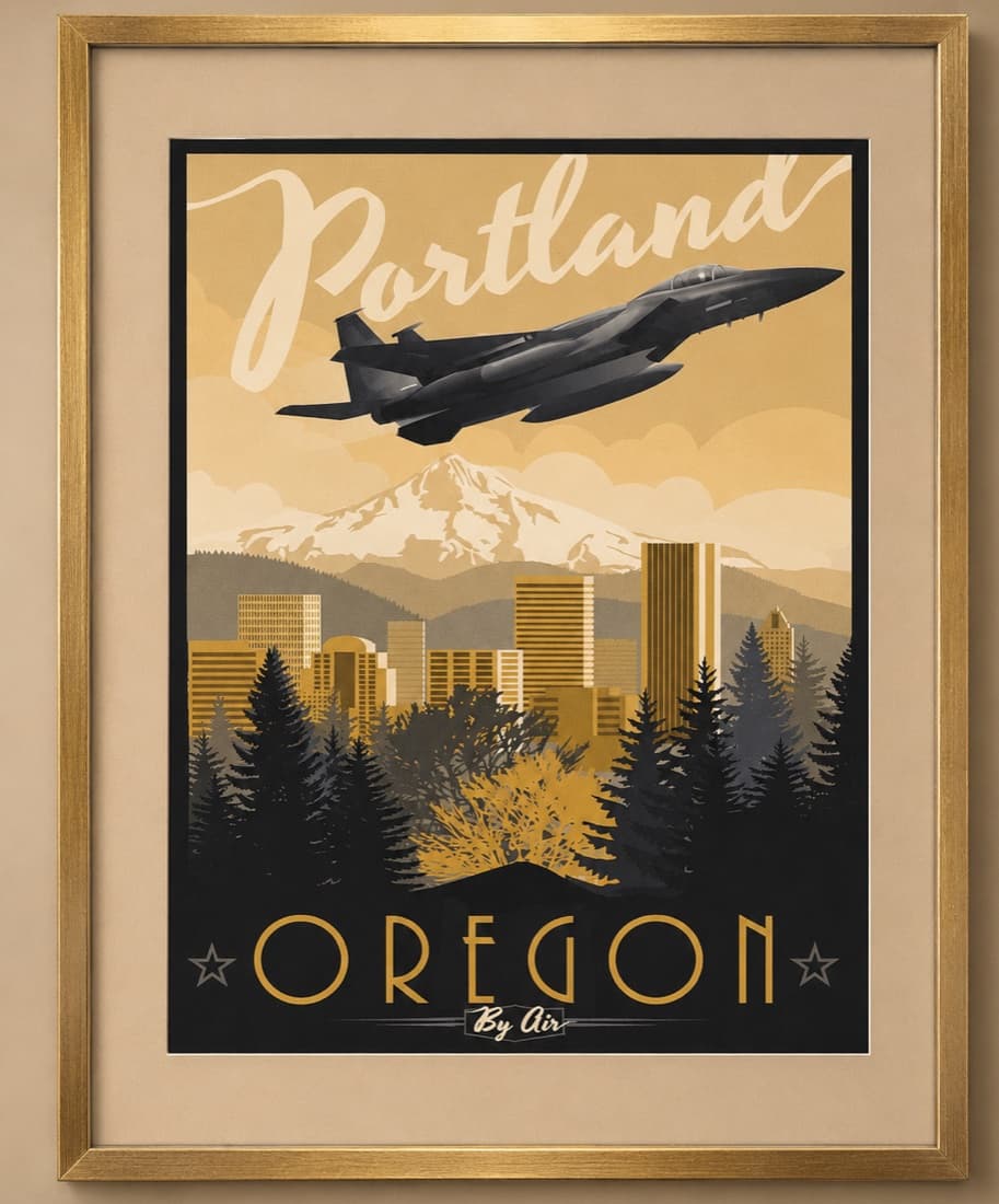 Vintage "Portland Oregon By Air" travel poster in a gold frame with linen mat, custom framed by Redhawk Framing Studio in Vancouver, WA