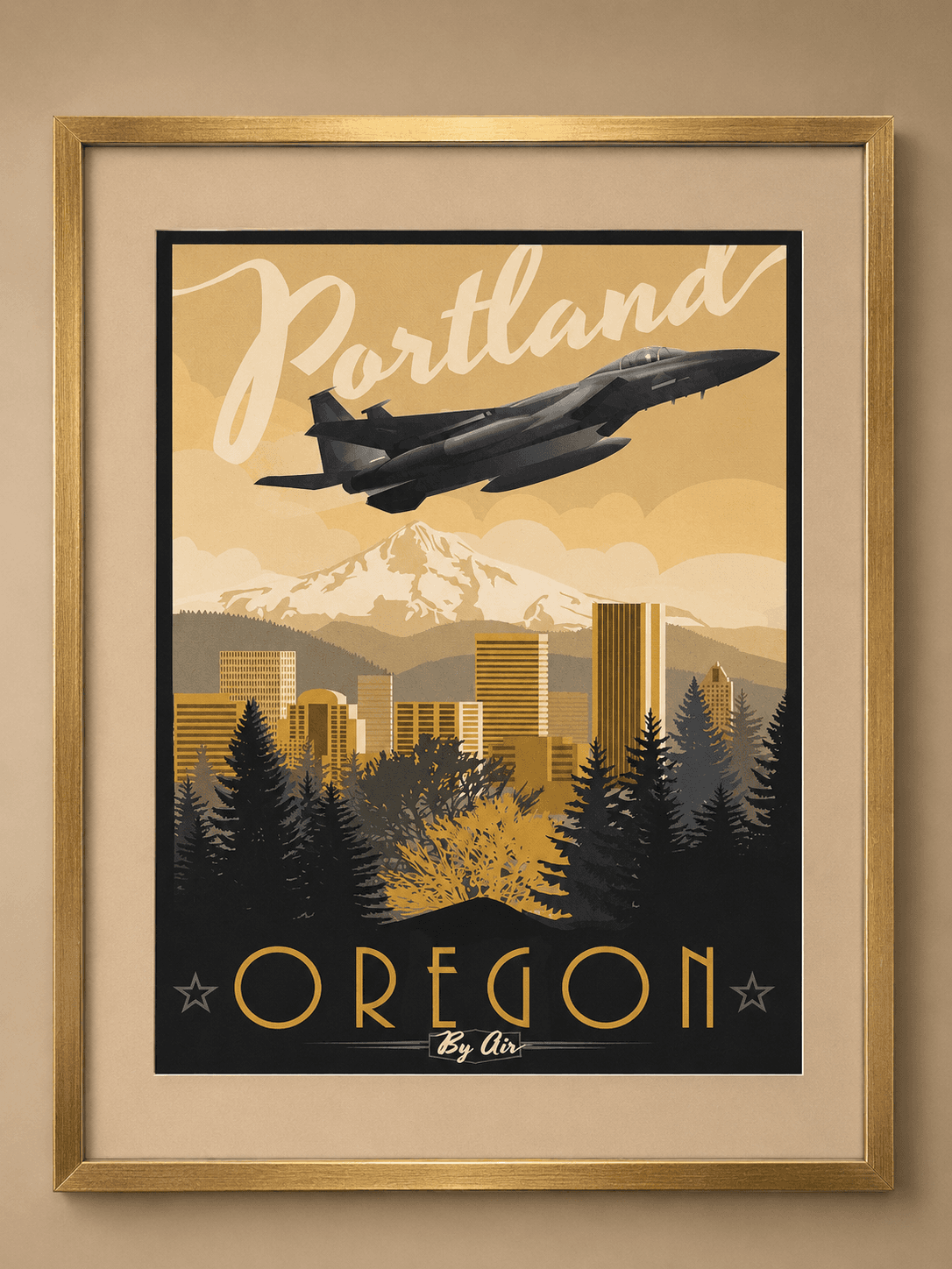 Vintage "Portland Oregon By Air" travel poster in a gold frame with linen mat, custom framed by Redhawk Framing Studio in Vancouver, WA